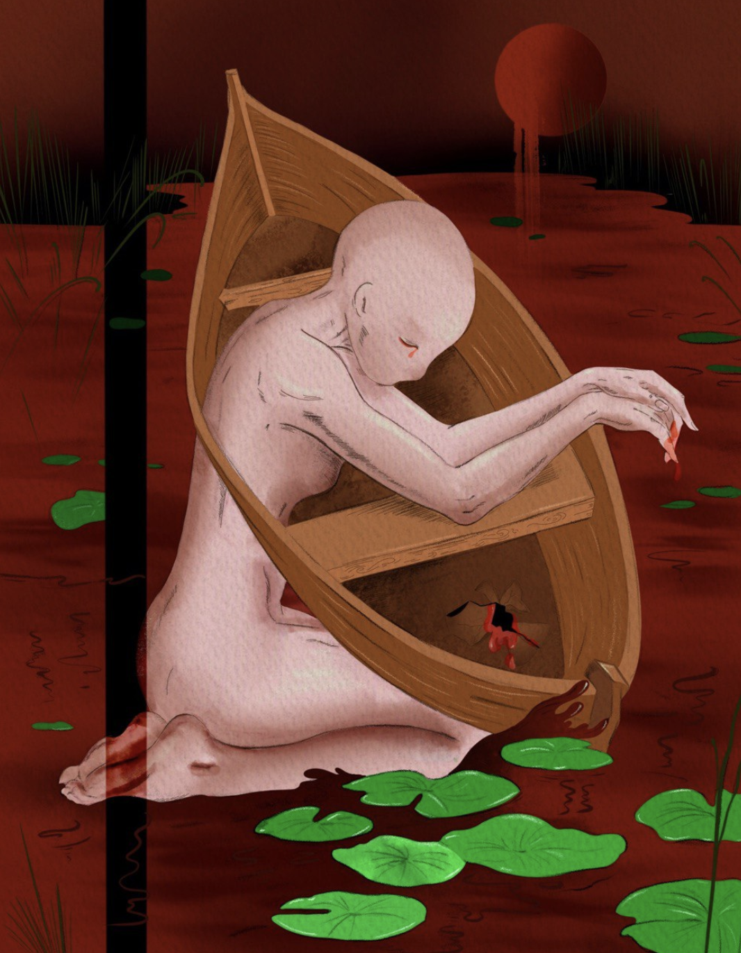 A surreal illustration of a naked, humanoid figure with a skull-like head and closed eyes, sitting in a wooden boat on a dark red body of water with lily pads and a setting sun in the background.