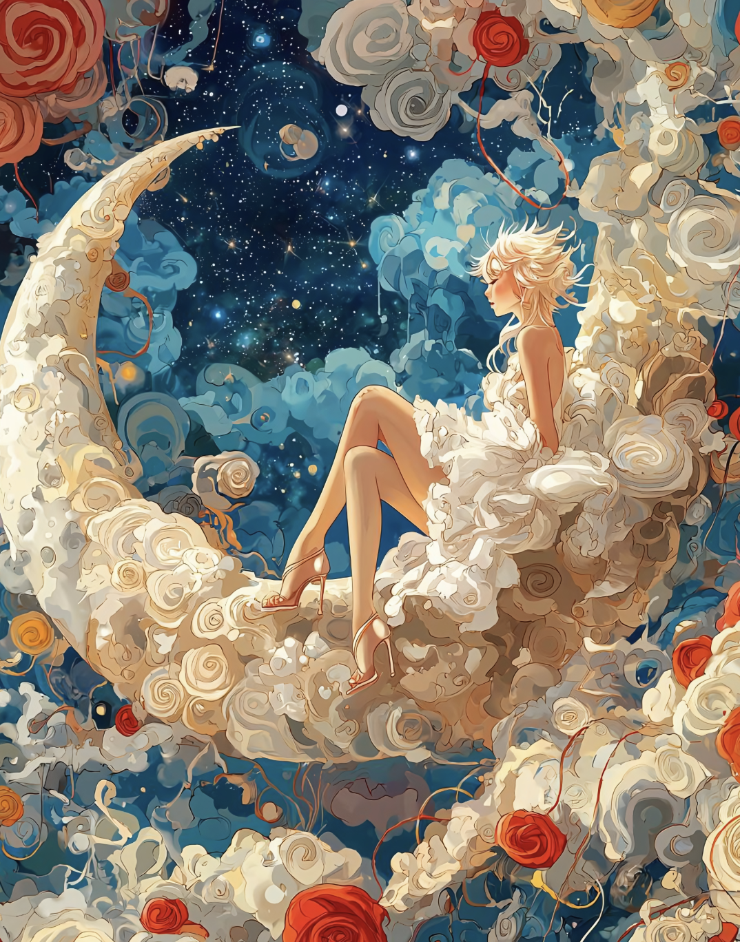 A digital illustration of a woman with short, white hair sitting on a cloud surrounded by swirling clouds and roses, with a starry night sky and galaxy in the background.