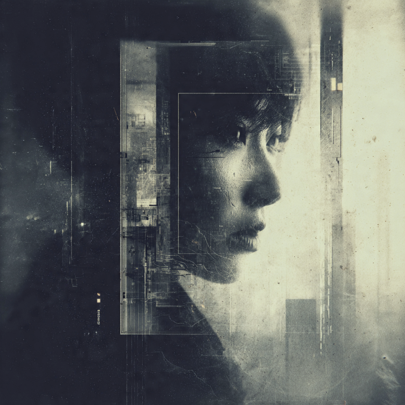 A grayscale digital art of a woman's face with a cityscape in the background, overlaid with digital lines and effects.