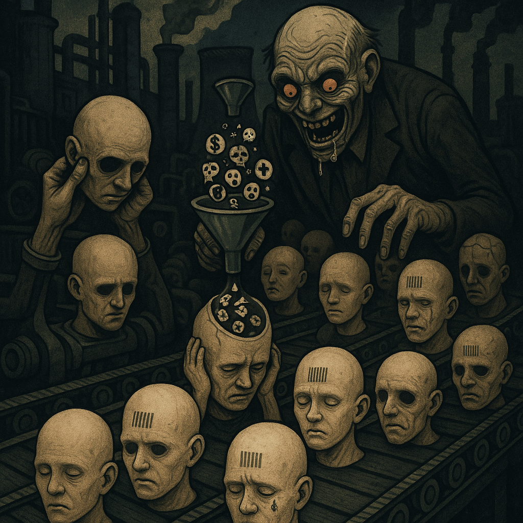 A dark, dystopian scene with a large creepy clown with crooked teeth and glowing eyes standing over a line of zombie-like heads on a conveyor belt. Some heads have barcodes, and one has a tear tattoo. A figure on the left holds a skull to their face,