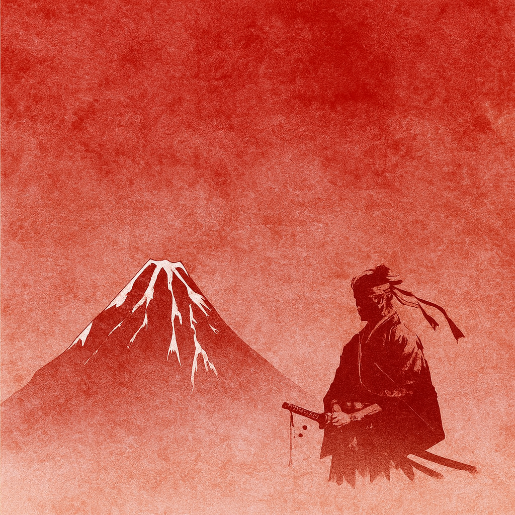 Silhouetted figure of a samurai with a sword in front of a snow-capped mountain against a red background.