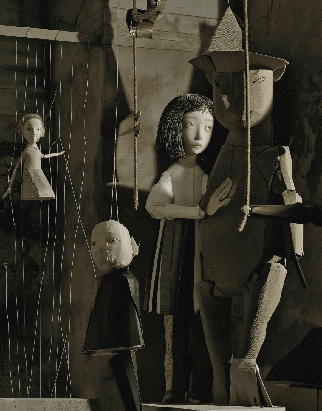 An art installation featuring wooden and fabric puppets and dolls, including a girl with black hair reading a book, placed against a textured wall.