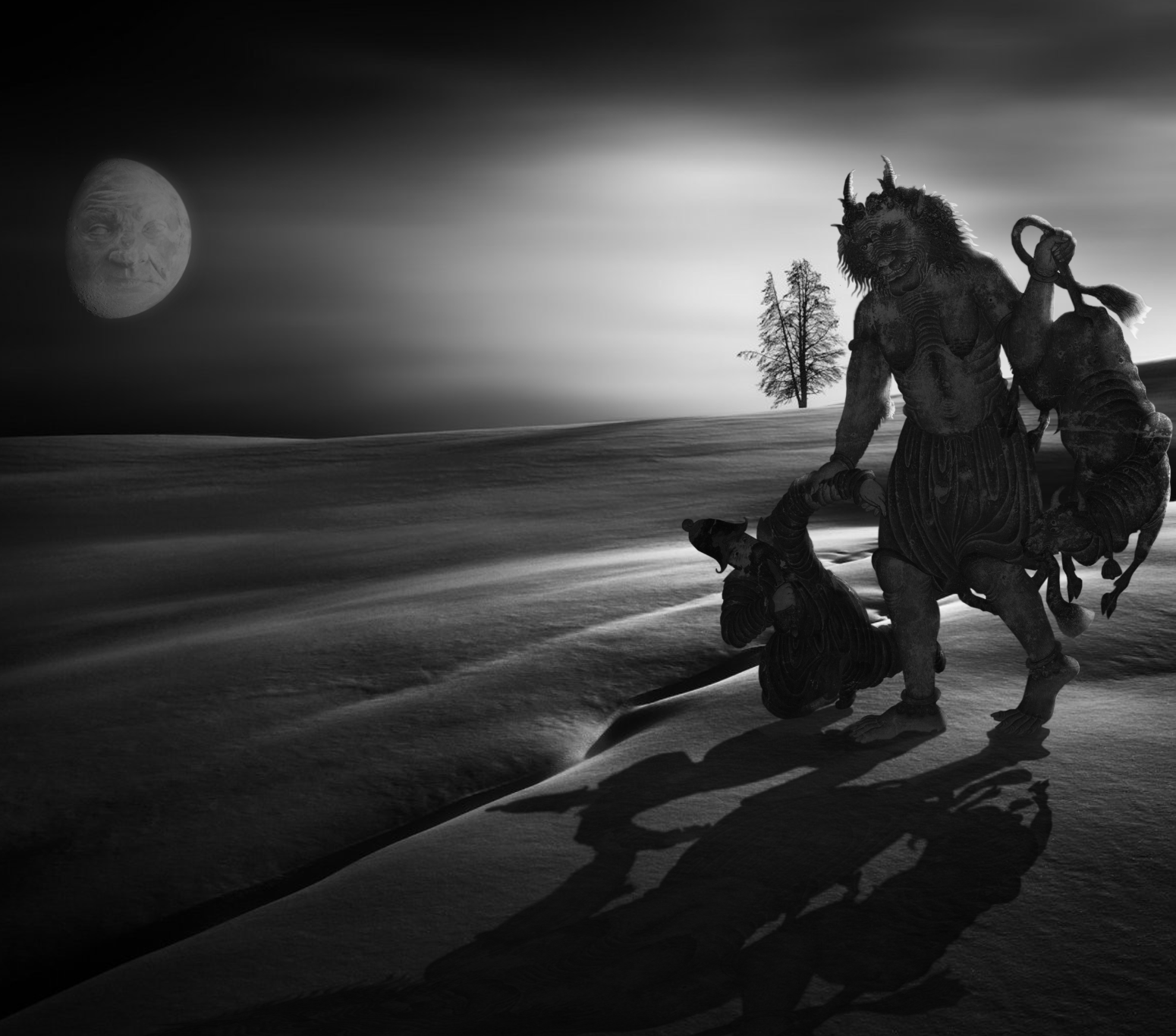 Black and white image of a large humanoid creature with a face and horns, standing on snow, holding a weapon. In front of the creature, a smaller figure is kneeling, reaching out with one hand. In the background, a distant tree and a moon with a huma
