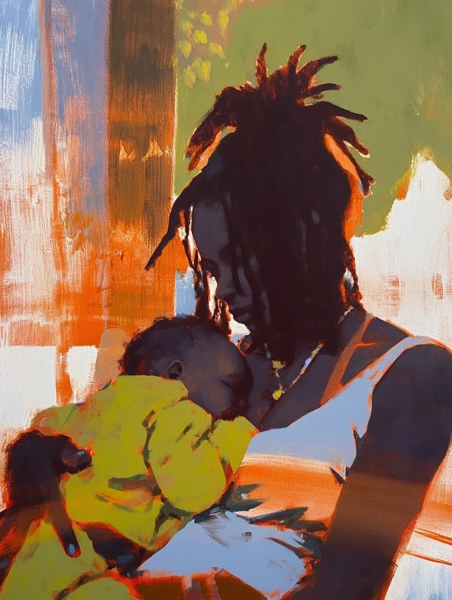 An artistic painting of a woman with dreadlocks holding a sleeping child in her arms.