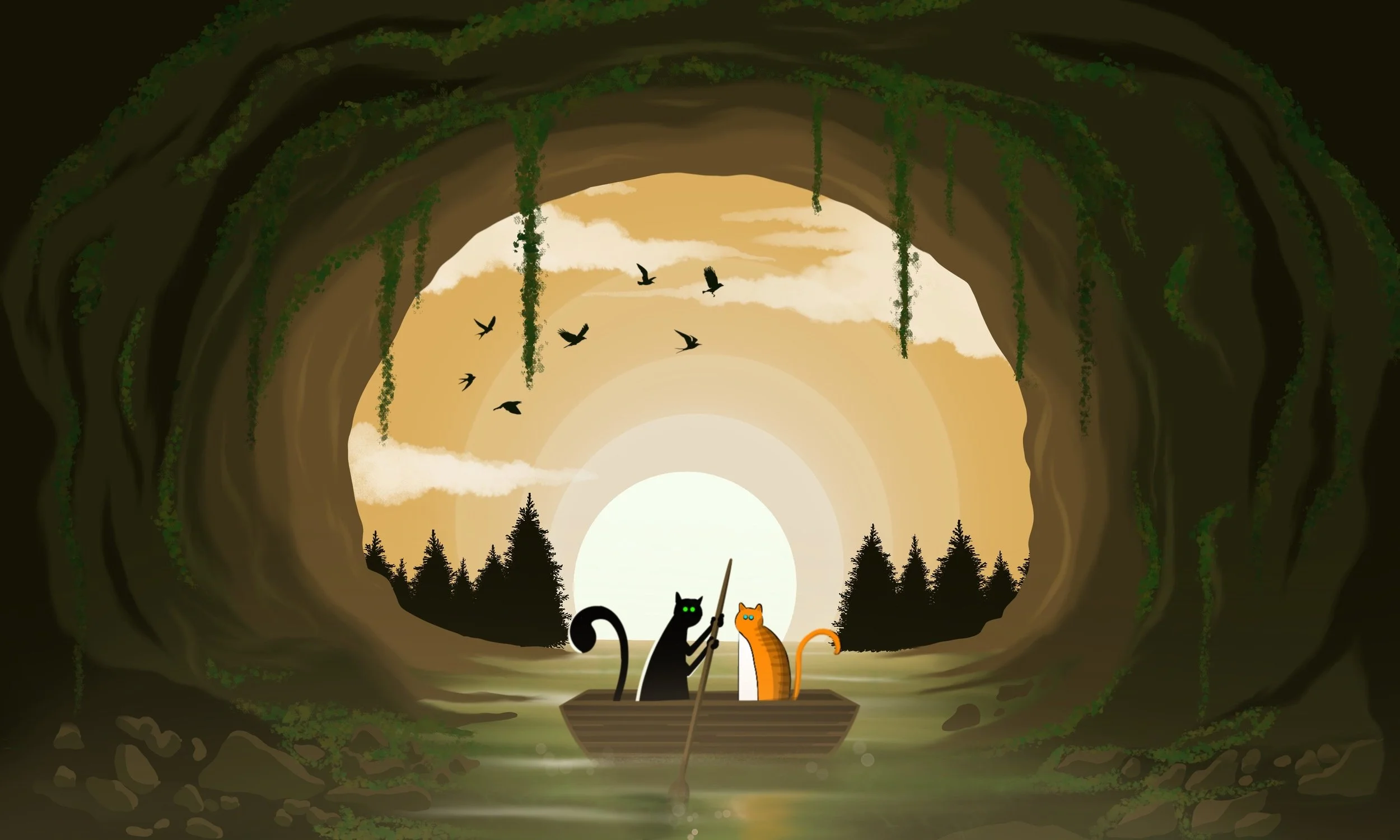 Illustration of a view from inside a cave opening revealing a sunset over a forest with birds flying and cartoon cats on a boat in the foreground.