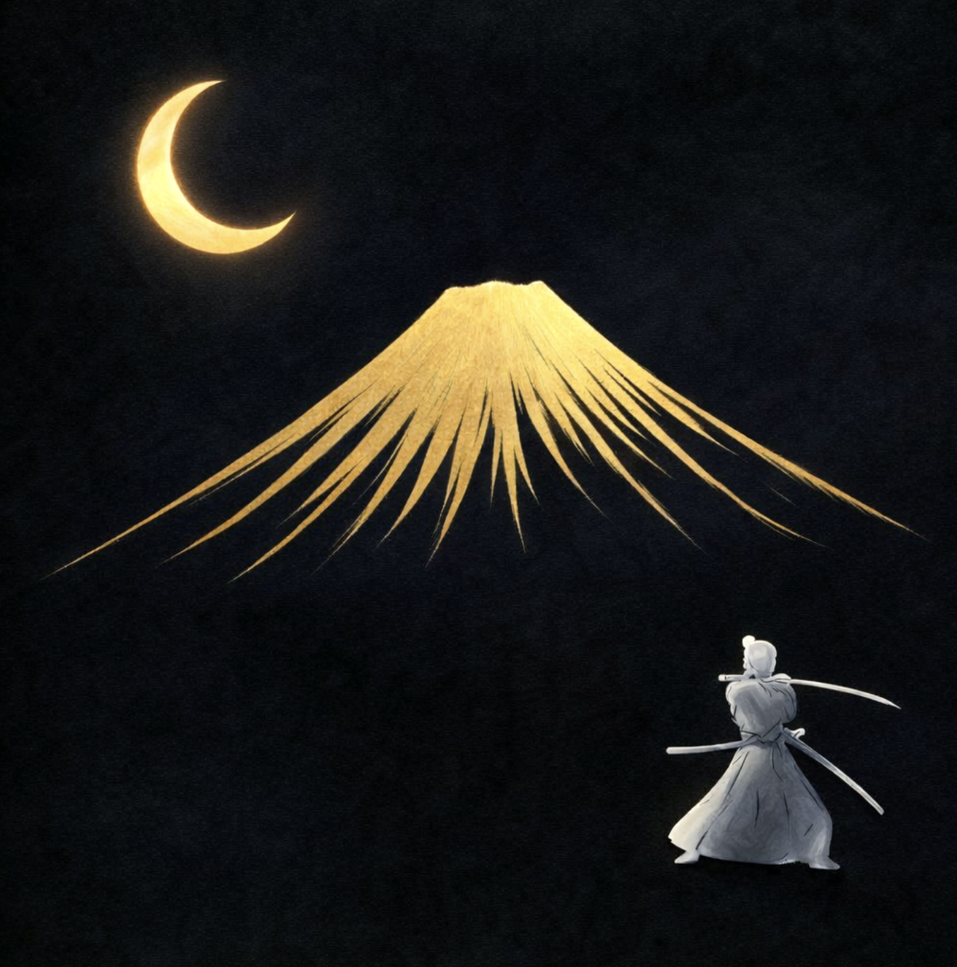 An illustration of a samurai standing with a sword, a paper umbrella resembling Mount Fuji, a crescent moon, and a starry night sky.