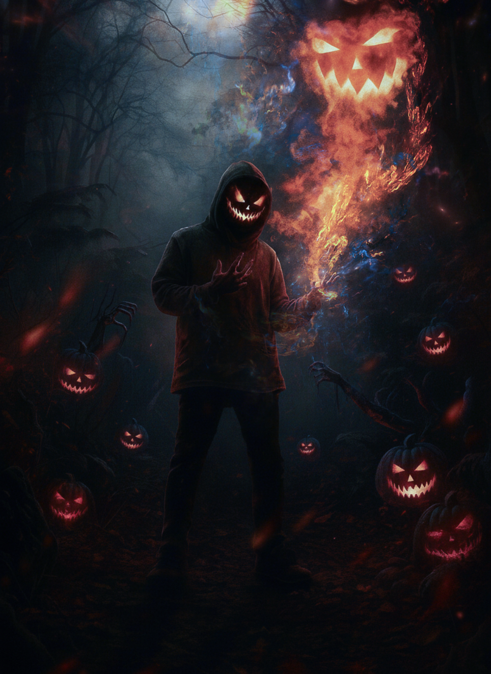 A person in a hoodie with a glowing jack-o'-lantern face mask holding a flaming, smoky torch in a dark, spooky forest with floating, glowing jack-o'-lanterns and twisted trees.