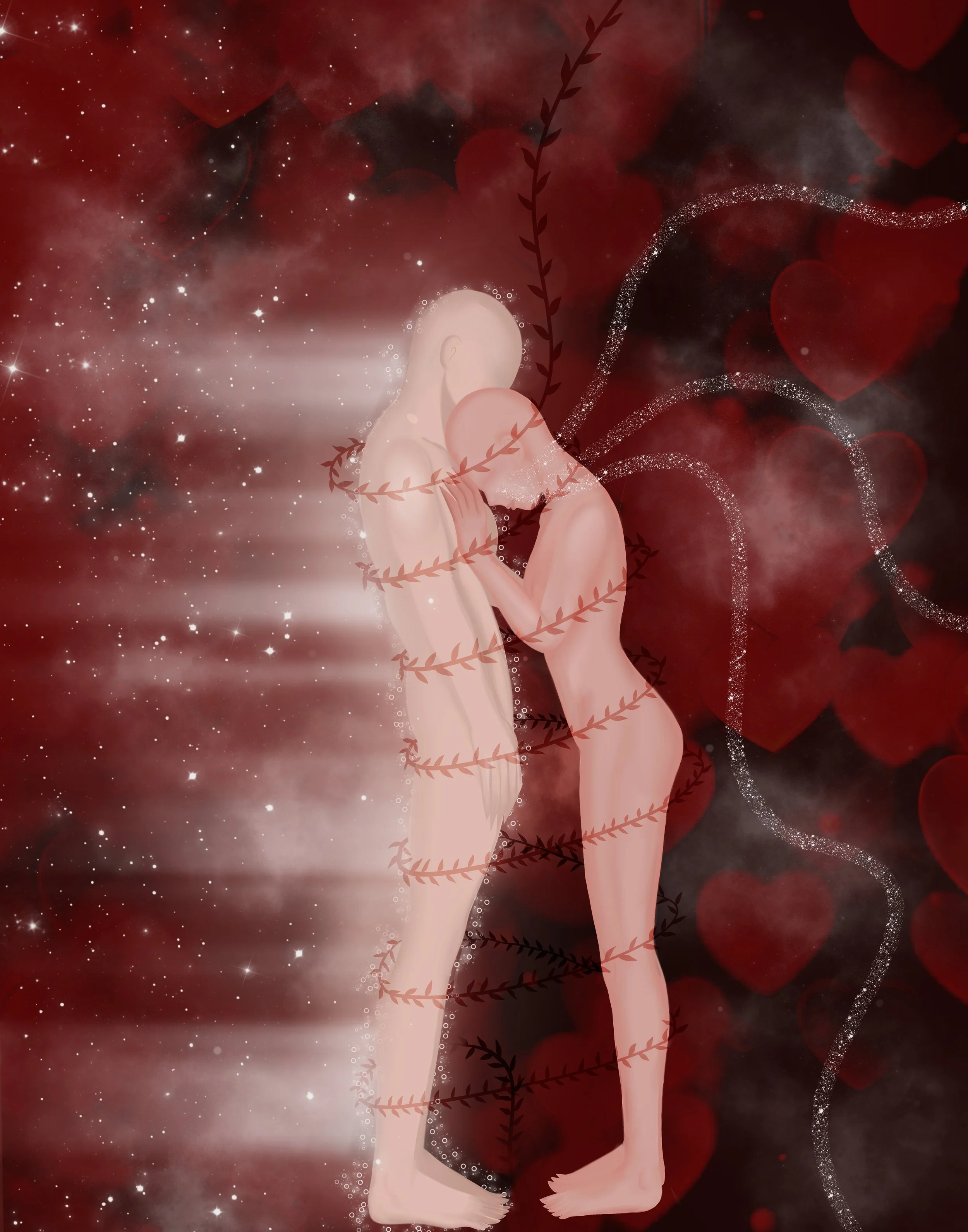 An artistic digital illustration of two abstract, intertwined human figures embracing, surrounded by swirling heart shapes, a starry background, and soft glowing effects, in shades of red, pink, and black.