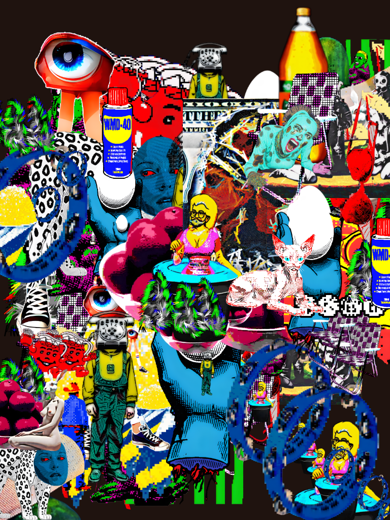 A chaotic collage of colorful, surreal, and pop art-inspired images including eyes, animals, cartoon characters, dollar bills, and abstract patterns, creating a vibrant and cluttered visual composition.