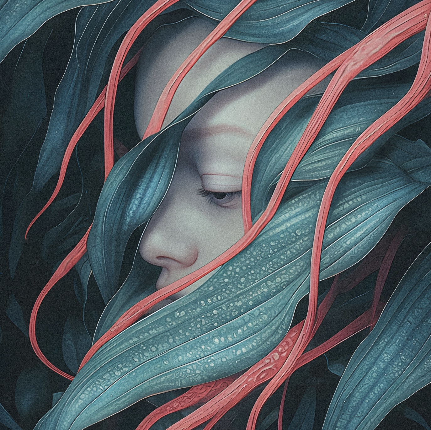 A digital painting of a person's face with eyes closed, surrounded by large, leafy plants with prominent red veins and detailed green textures.