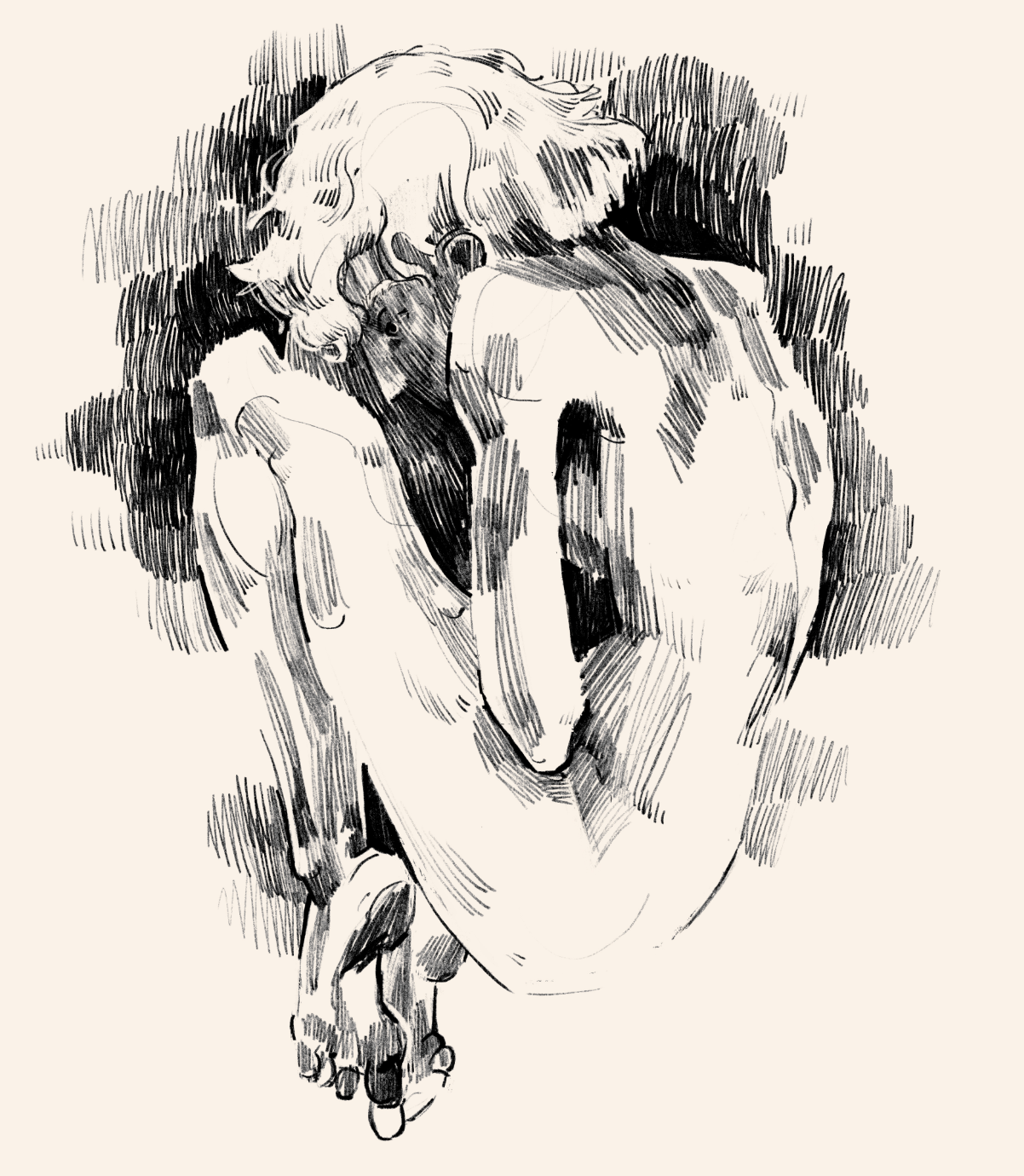 A black and white sketch of a person with long, wavy hair holding a horse's head, both facing downward, creating a reflective and intimate scene.