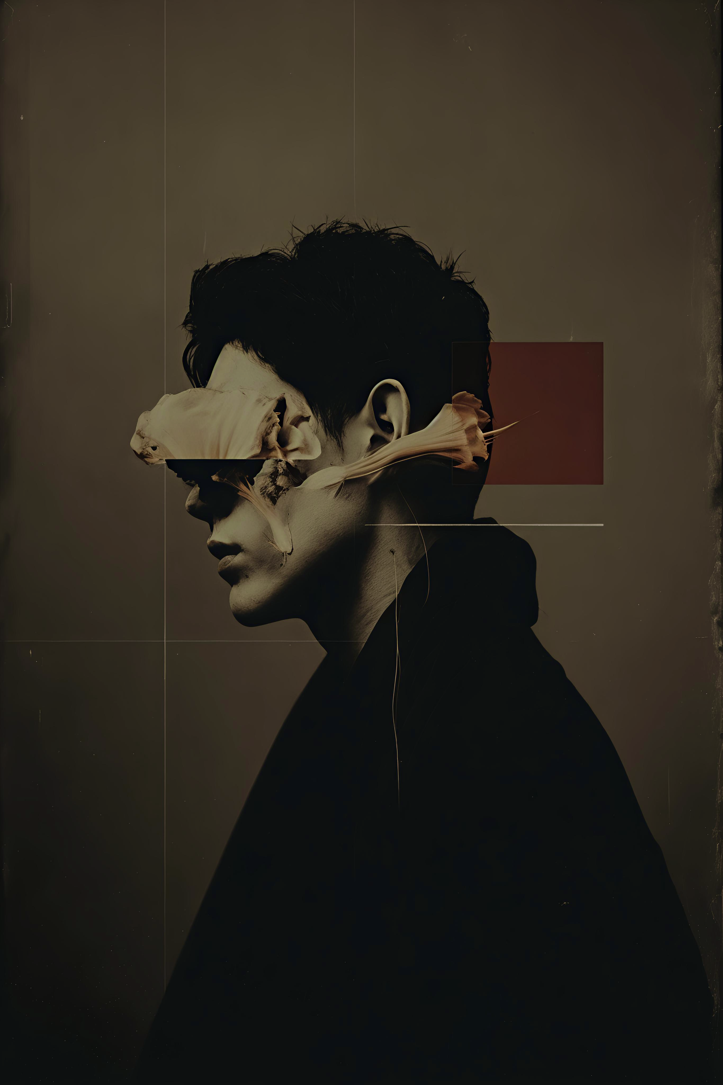 A digitally manipulated portrait of a woman with short dark hair, showing a serious side profile, with abstract textured elements and rectangular overlays.
