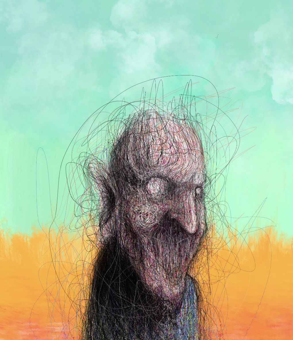 Digital sketch of an elderly man with long hair and a beard, against a colorful abstract background with a gradient from orange to teal.