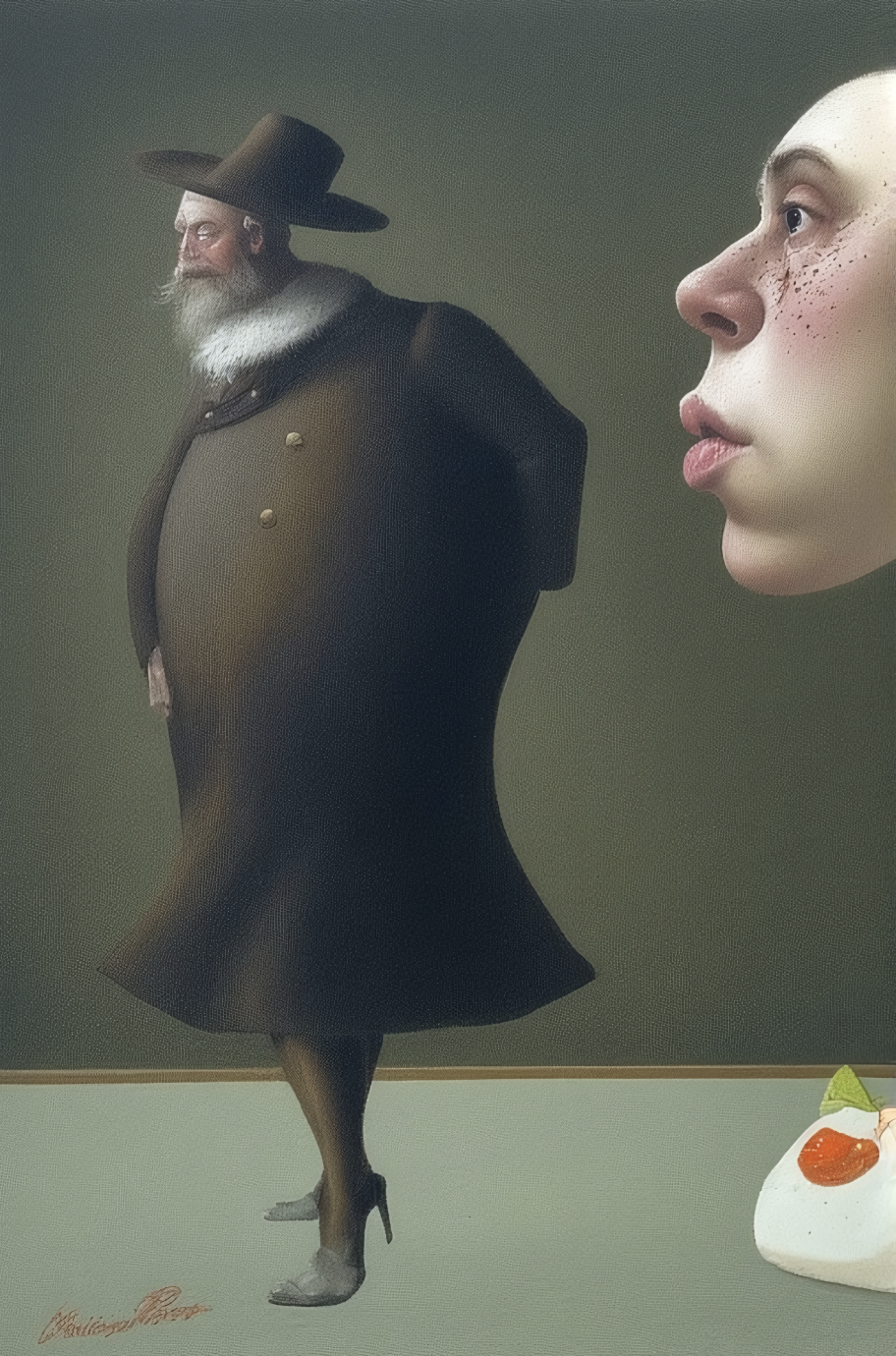 A surreal sculpture of a woman in vintage clothing with an oversized torso and small feet, facing a large realistic face of a young woman with freckles on the right side of the image. The background is plain green.