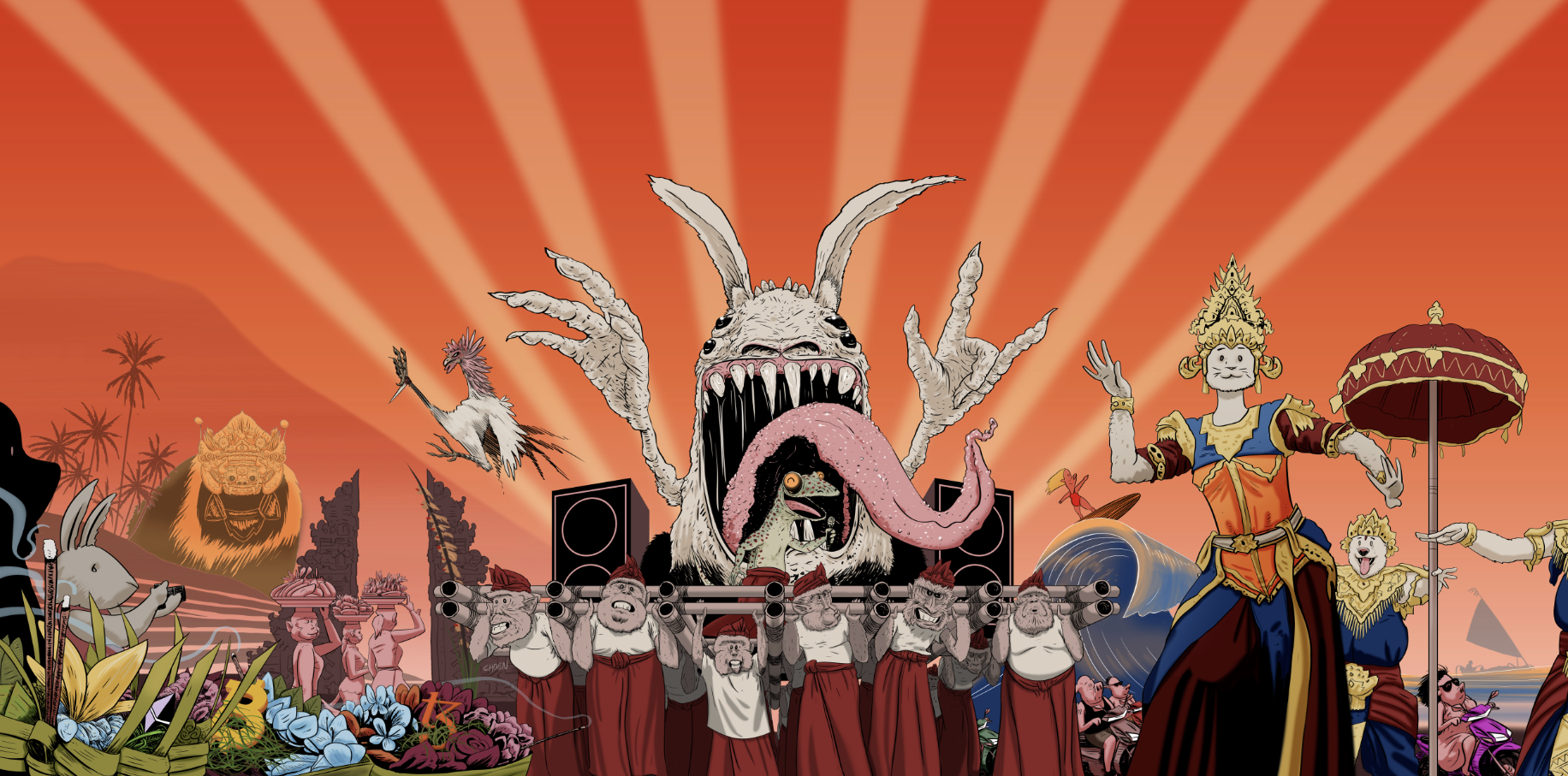 A colorful, animated scene with a large, monstrous creature with a wide-open mouth, sharp teeth, and long tongue in the center. Surrounding it are various humanoid and animal figures dressed in traditional and fantasy costumes, with a vibrant orange 