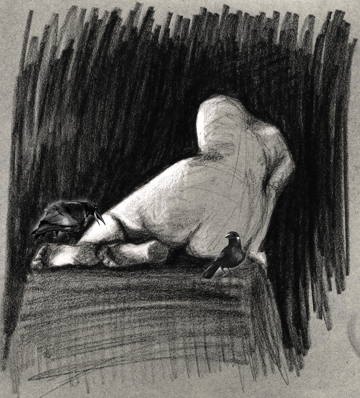 A monochrome drawing of a hand resting on a surface with two detailed black birds sitting on the hand and surface, against a dark textured background.