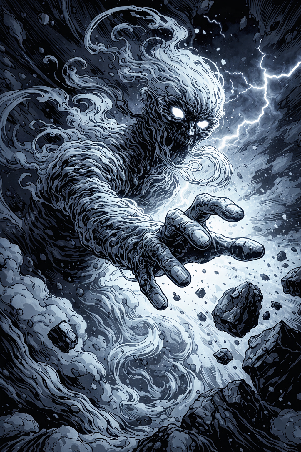 A dark, stormy scene with a menacing ghostly figure reaching out, surrounded by lightning, clouds, rocks, and debris.
