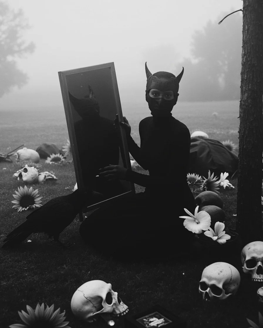 A person dressed in a dark costume with devil horns and a mask, holding a mirror, surrounded by skulls, flowers, and pumpkins in a foggy outdoor setting.