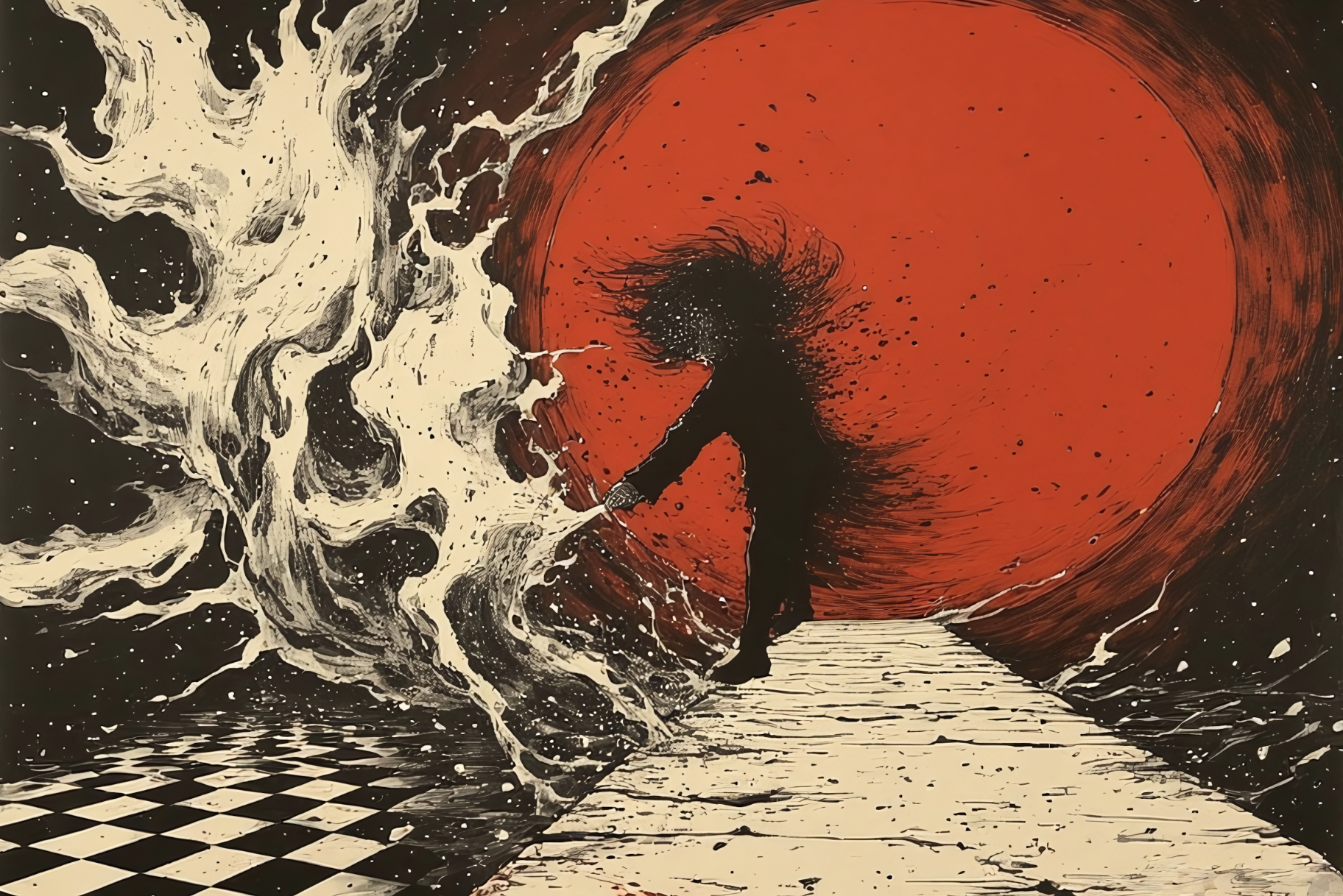 Abstract artwork depicting a woman with long hair, a large red circular shape in the background, black and white swirling patterns, and a checkered floor pattern.