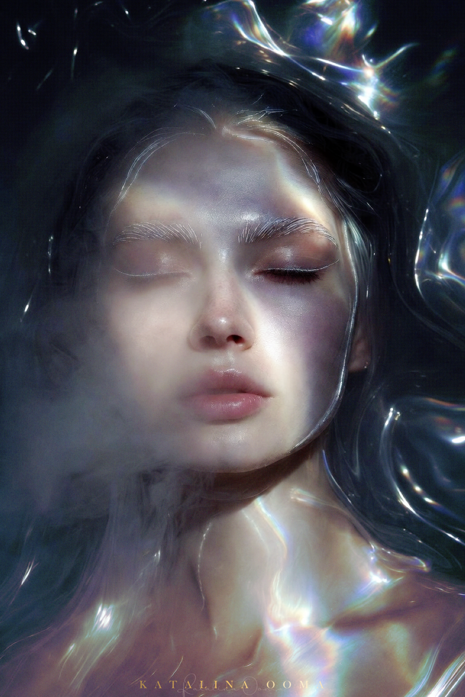 A close-up of a woman's face with closed eyes, floating in water with iridescent reflections and light, creating a dreamy and surreal atmosphere.