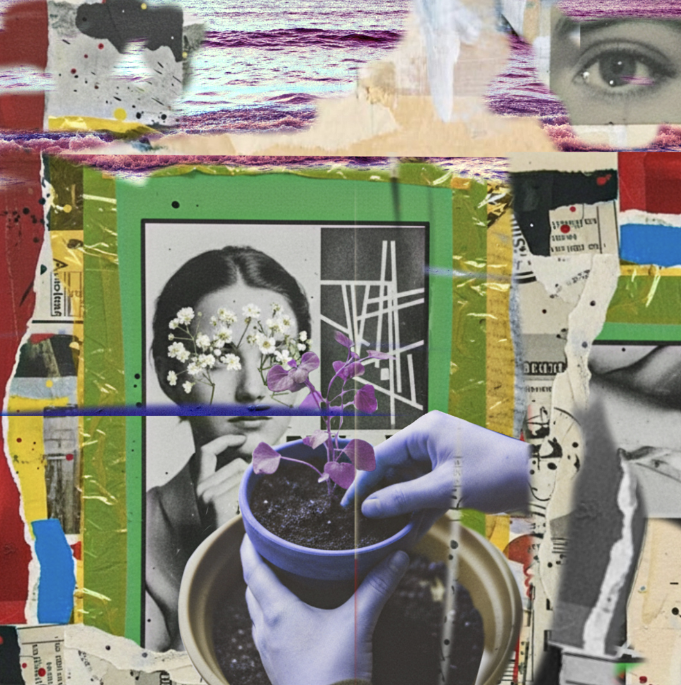 A collage of various images including a black-and-white photo of a woman with flowers over her face, a hand holding a pot with a small flowering plant, torn pieces of colorful paper, and partial images of faces and eyes, creating an abstract artwork.