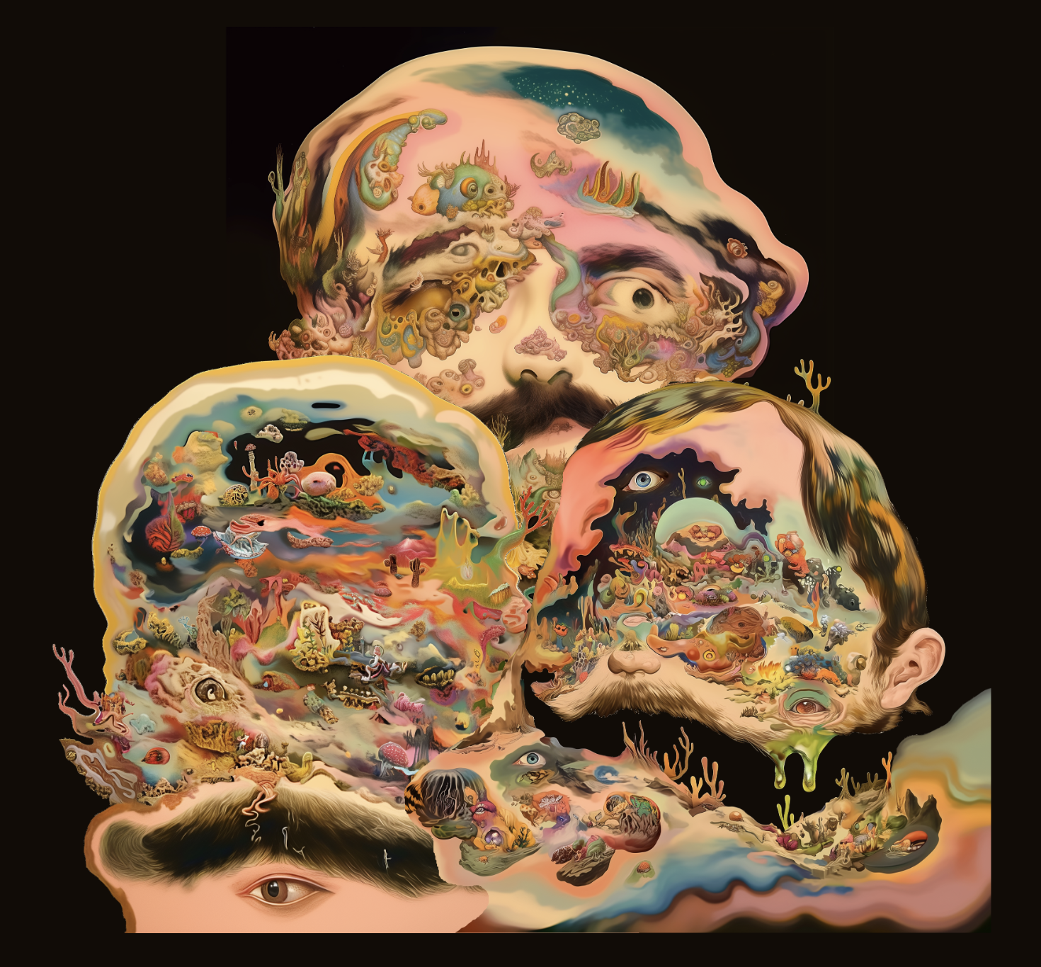 An artistic digital illustration of three men's heads with surreal, colorful, and abstract elements resembling worlds or landscapes within their heads, set against a black background.