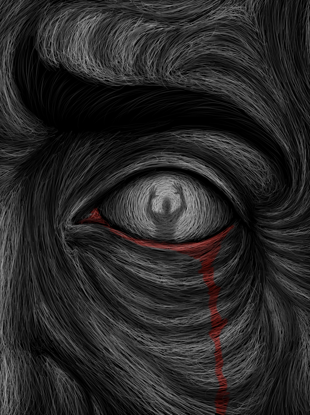 Digital illustration of a single, realistic human eye with a red tear streak beneath it, surrounded by swirling, textured gray lines.