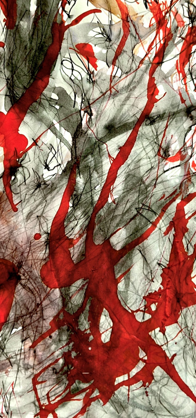 Close-up of abstract paint splatters and streaks in red, black, gray, and beige on a textured surface.