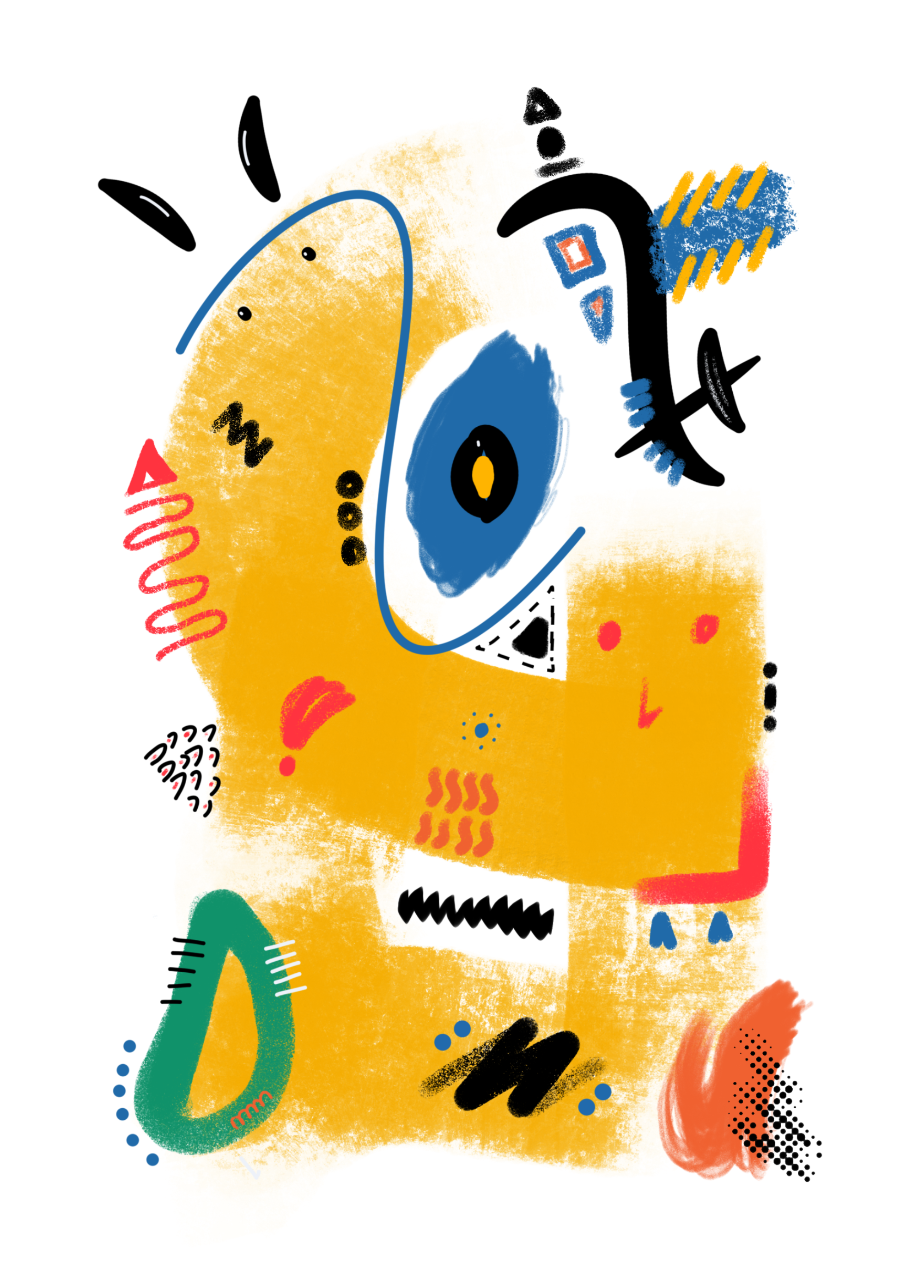 Abstract digital artwork with various shapes, lines, and patterns in yellow, green, red, black, blue, and orange, featuring a large yellow and blue eye, and geometric and organic elements.