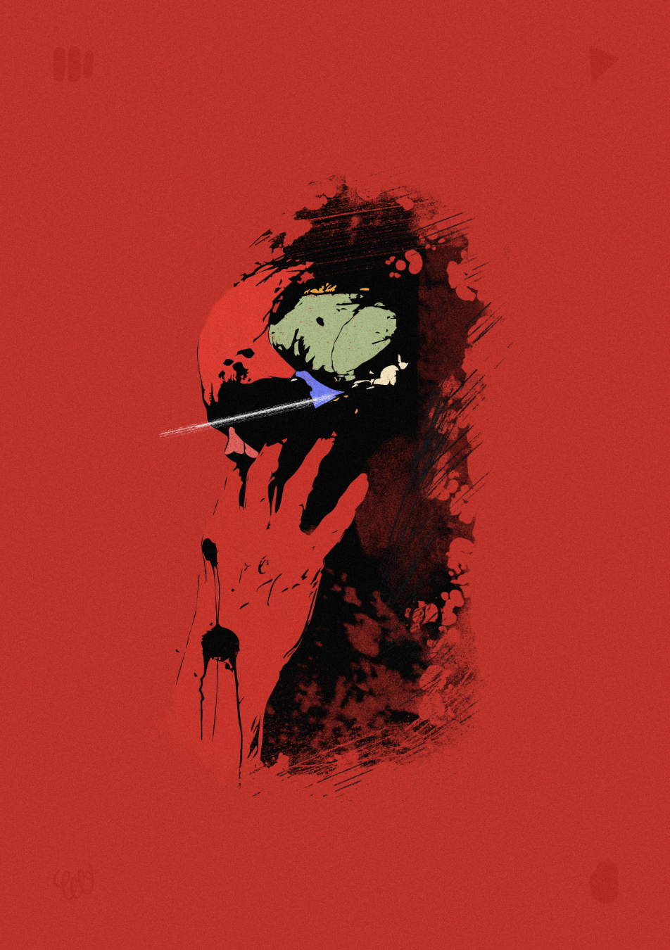 Abstract illustration of a skull with a hand covering part of the face, set against a red background, with black and muted green and blue accents.