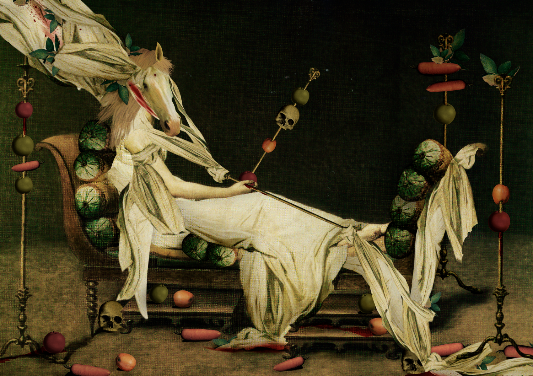 A surreal artwork depicting a reclining figure with a horse's head, sitting on a vintage chair, surrounded by floating skulls, carrots, and apples connected by strings with leaves, set against a dark background.