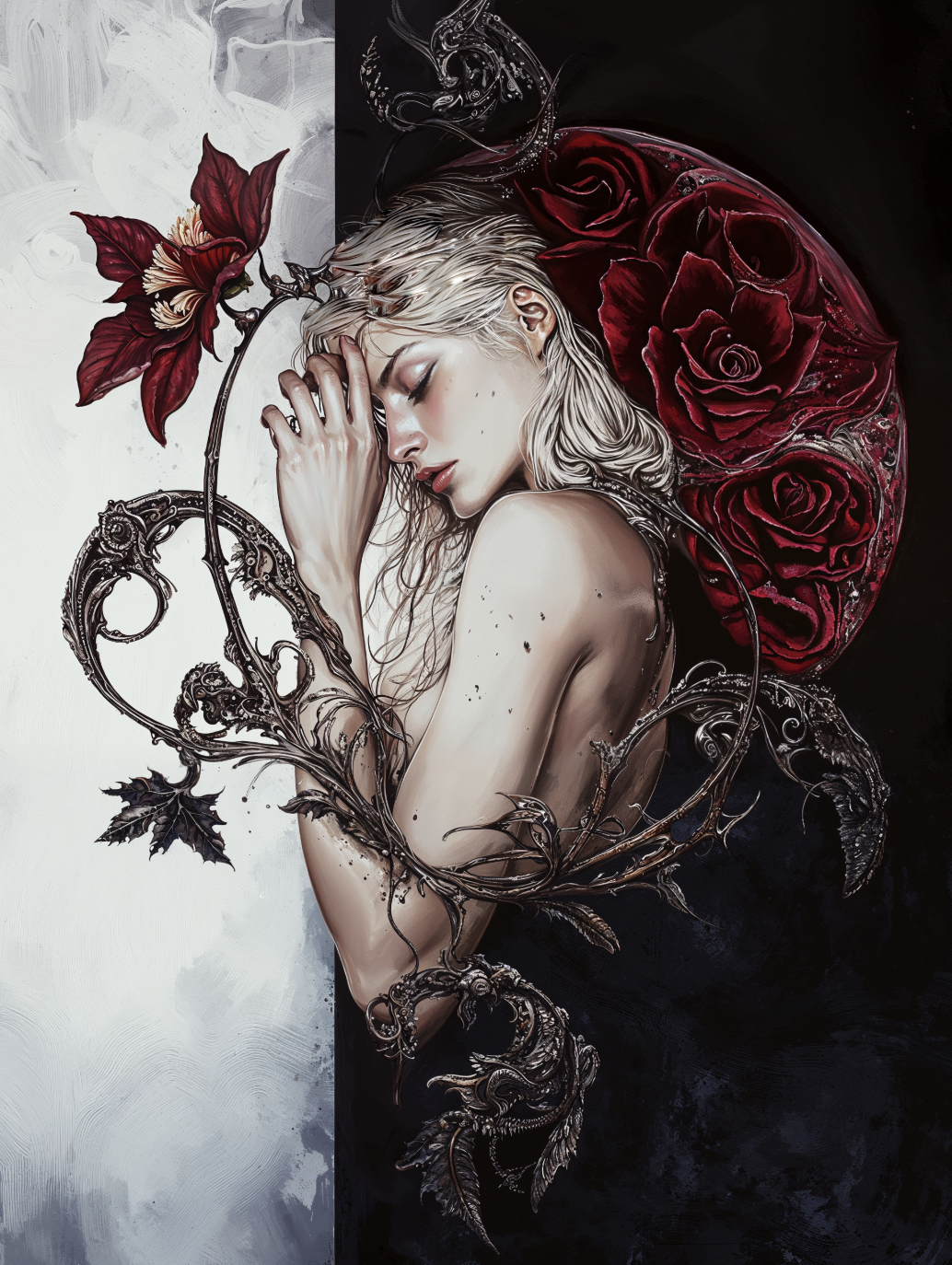 A digital painting of a woman with platinum blonde hair sleeping or resting, surrounded by ornate, dark metallic floral and vine elements. Red roses and exotic flowers are present, with a background split into light and dark halves.