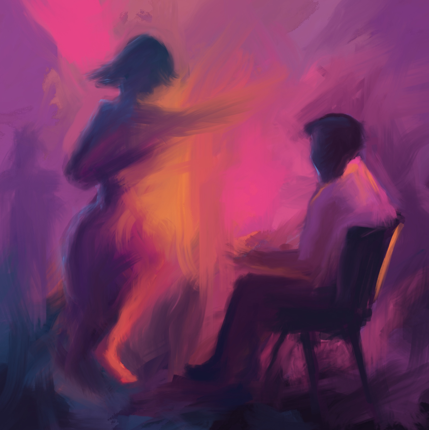 An abstract digital painting of a woman standing and a man sitting in a pink, purple, and orange background.