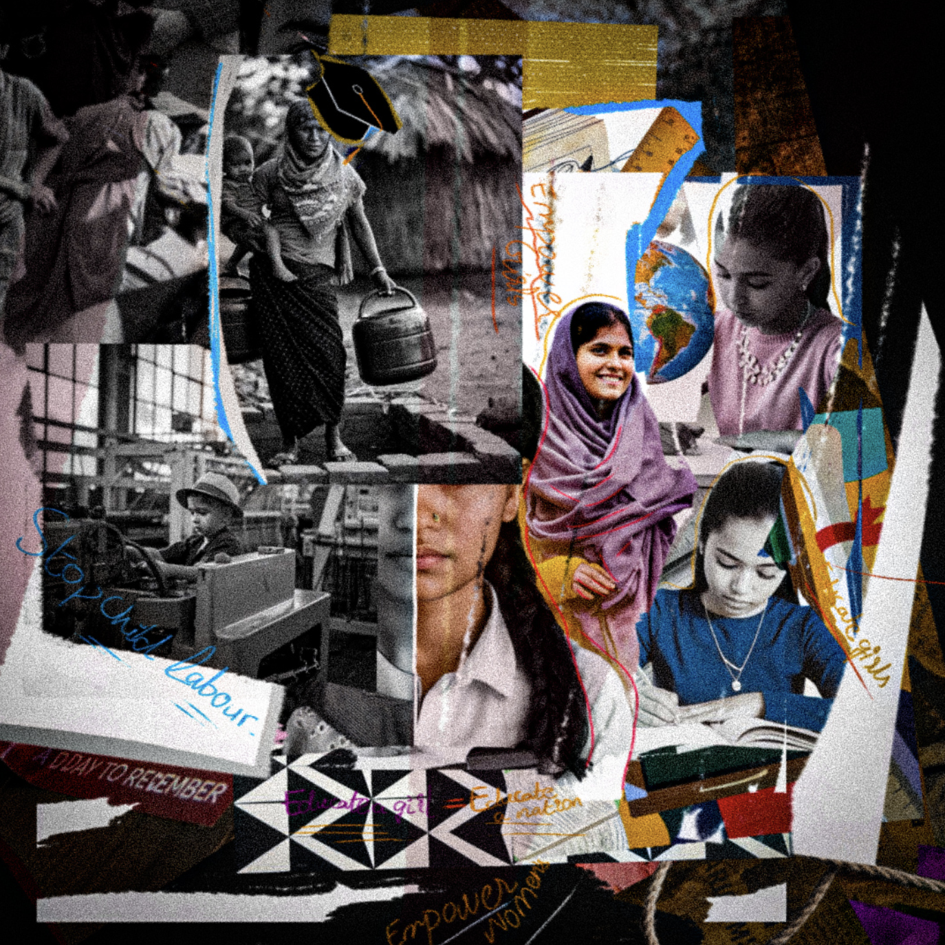 Collage of black and white and colored photographs featuring women and children, with text related to empowerment and education.