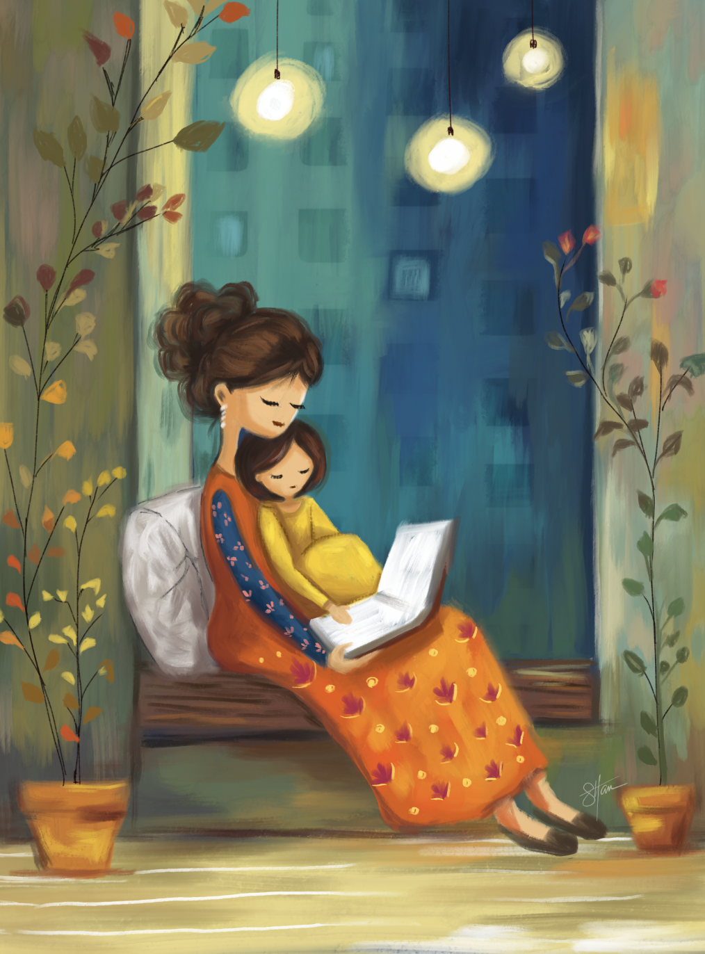 A mother and daughter sitting together on a bench indoors, looking at a laptop. The mother has brown hair in a bun, wearing a colorful dress, and the daughter is wearing a yellow dress, resting her head on her mother's shoulder. The background featur