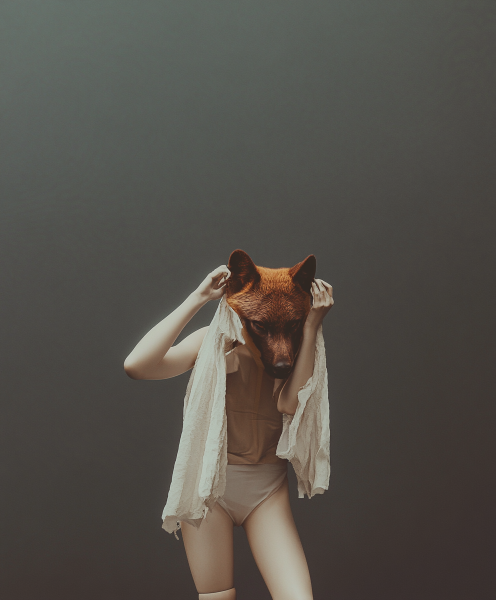 Person wearing a bear mask with a beige outfit and a beige cloth over their shoulders, standing against a plain dark background.