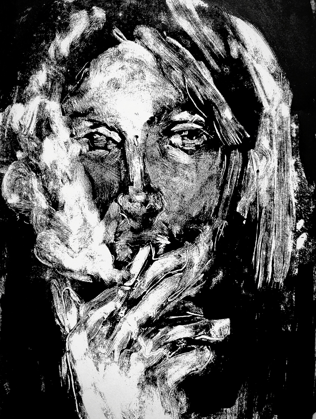 Black and white abstract portrait of a woman with long hair, holding a cigarette near her lips, with an intense gaze.