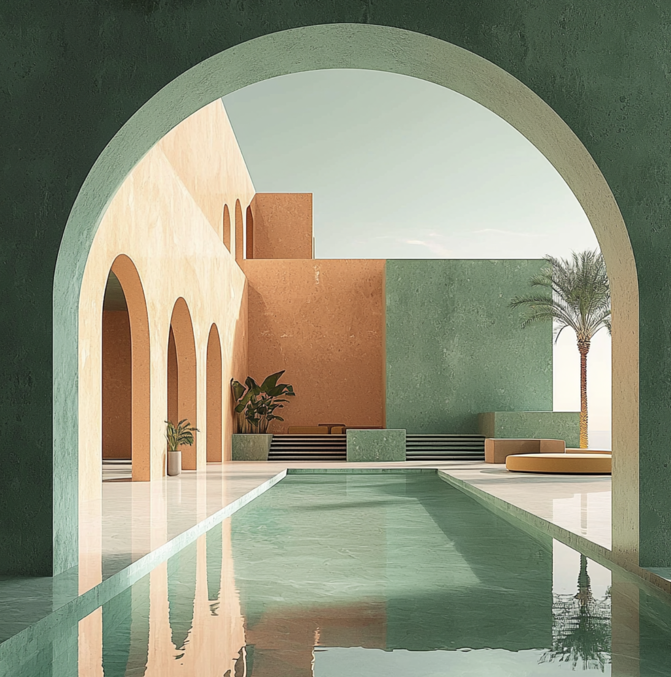 Modern indoor swimming pool area with green and orange walls, large arch window, potted plants, and palm trees outside visible through the window.