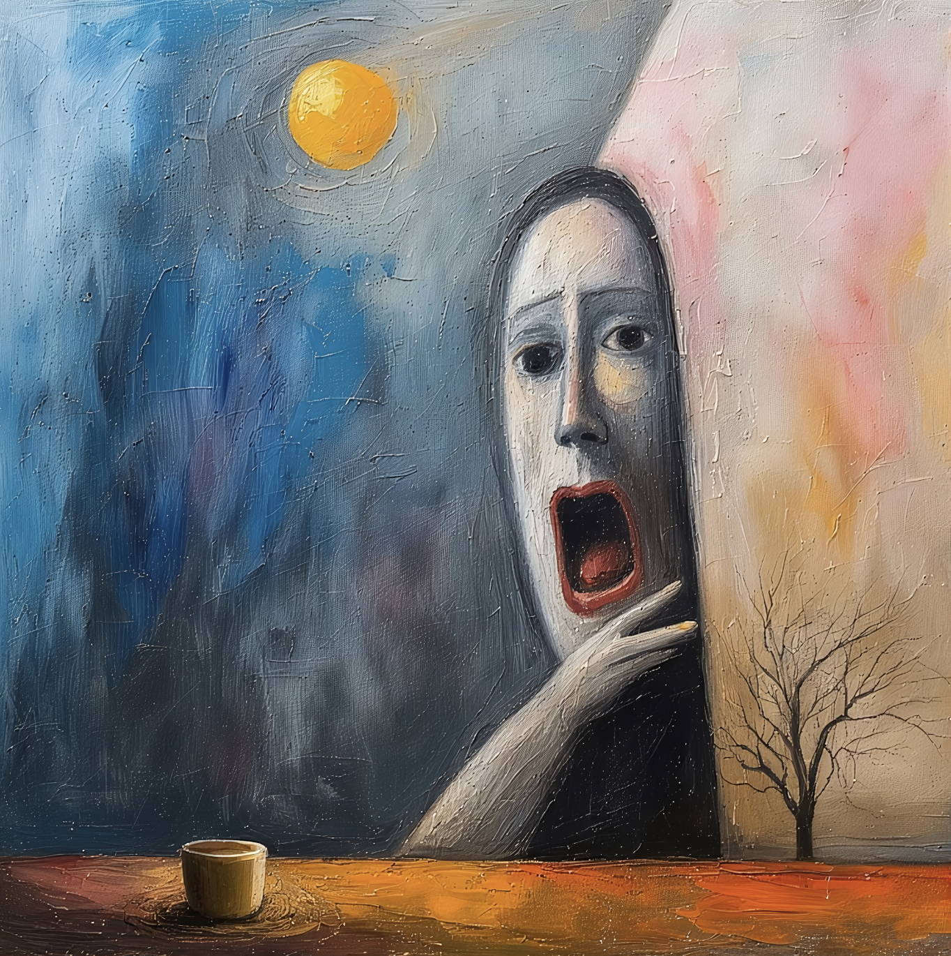 A surrealist painting featuring a face with hollow eyes and an open mouth, holding a finger to the lips in a shushing gesture. The background is divided into vibrant blue on the left and warm pink and orange on the right, with a bare tree and a yello