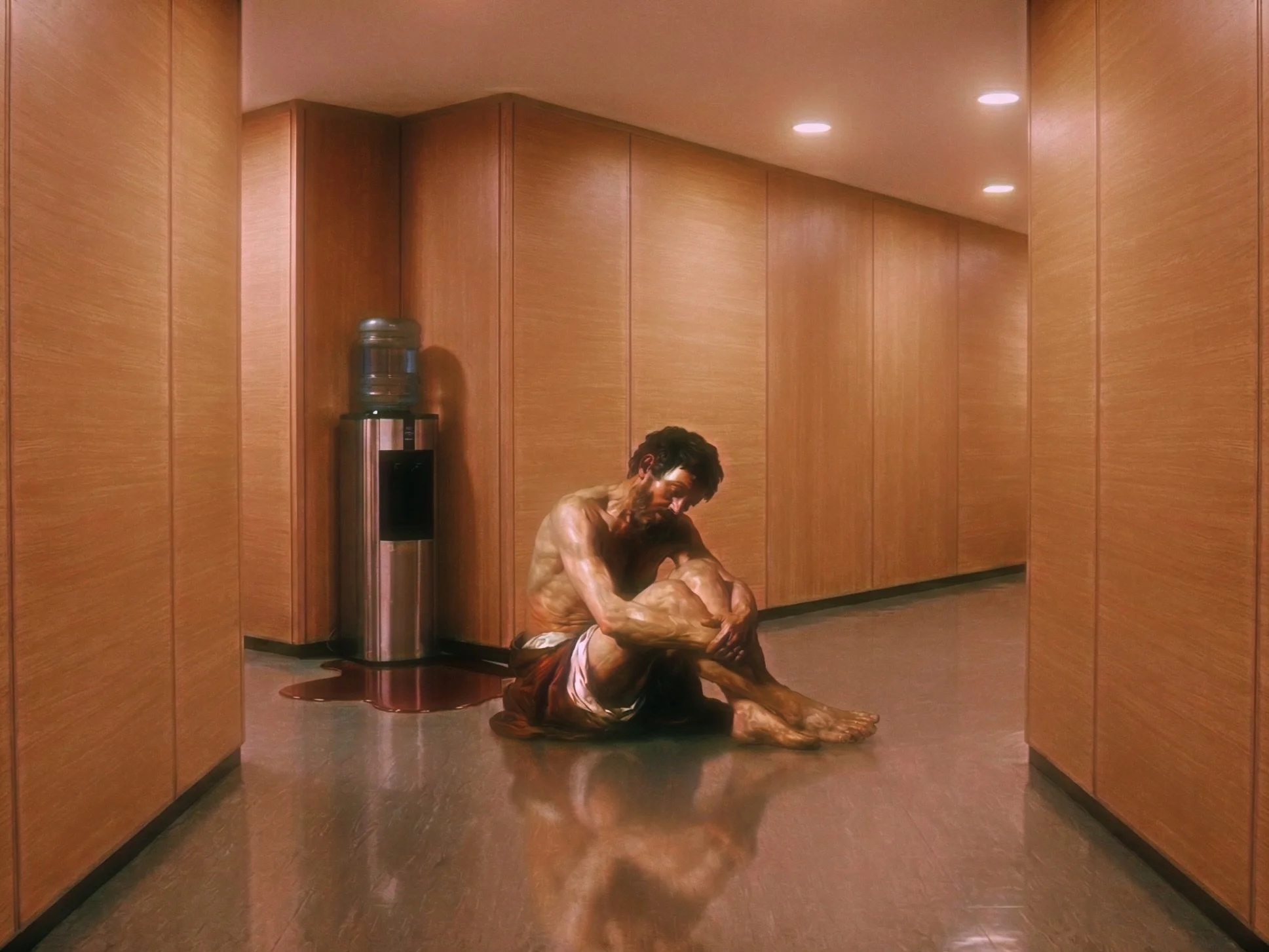 A man with a beard and long hair sitting on the floor in an indoor corridor with wooden paneled walls, a water cooler, and recessed ceiling lights.
