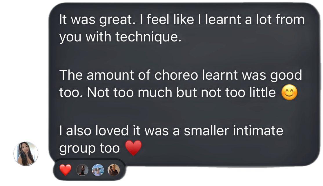 Screenshot of a text message conversation discussing a positive experience with learning technique and a smaller group, with emojis and profile picture of a woman.