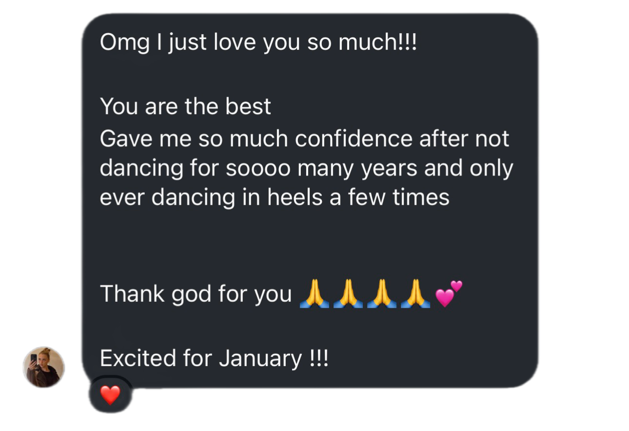 Screenshot of a text message expressing love, gratitude, and excitement for January, with emojis of praying hands, hearts, and a person taking a selfie.