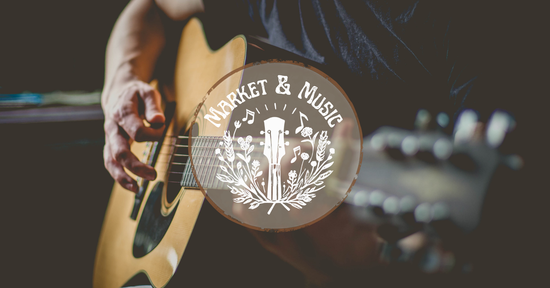man playing a guitar with the Market & Music logo over it