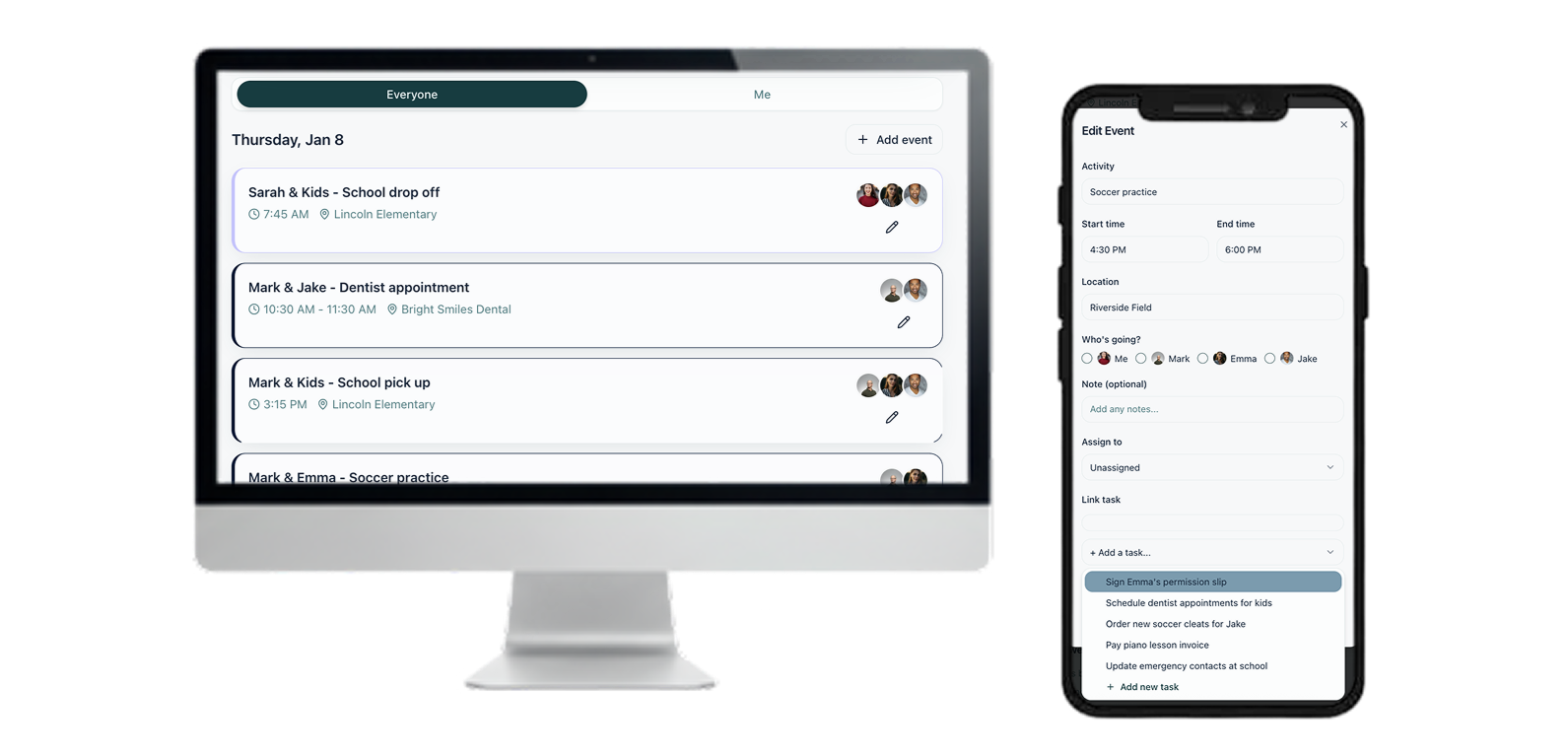 A desktop computer and a smartphone display a scheduling app with events for January 8, including school drop-off, a dentist appointment, school pick-up, and soccer practice, with details for each event.