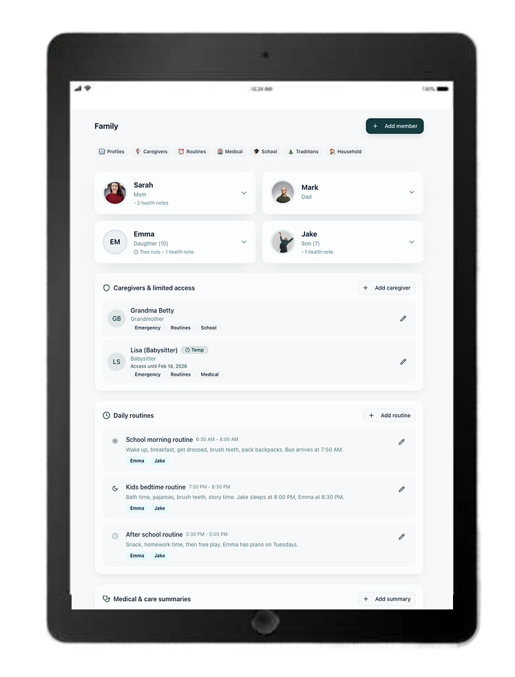 A tablet displaying a family management app with profiles, caregiver info, routines, medical summaries, and options to add members and routines.