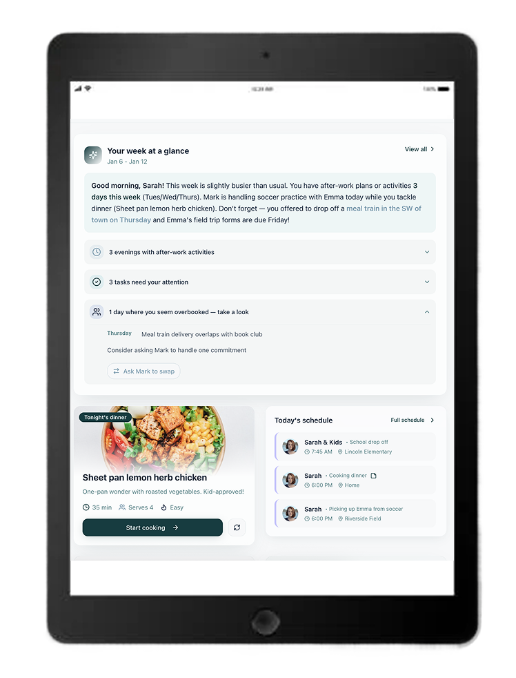 Digital tablet screen displaying a weekly planner with schedule details, a recipe for lemon herb chicken, and a list of today's appointments.