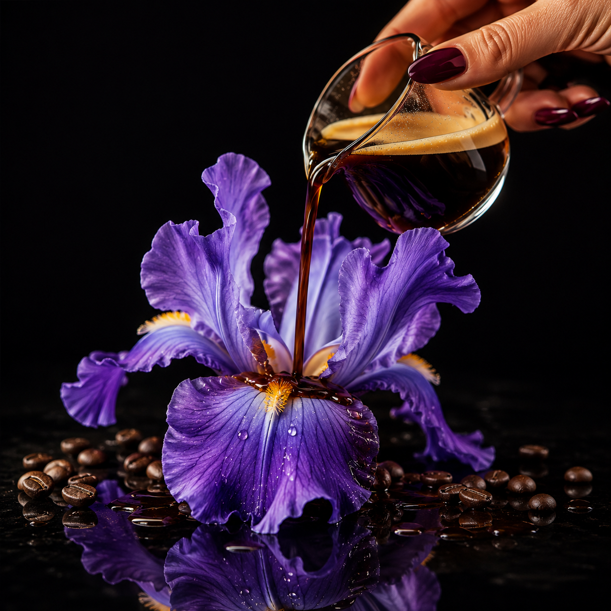 A hand with dark red nail polish pouring coffee into a purple iris flower surrounded by scattered coffee beans on a black background.