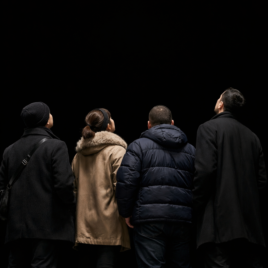 Four people in warm clothing standing closely together, looking upward against a black background.