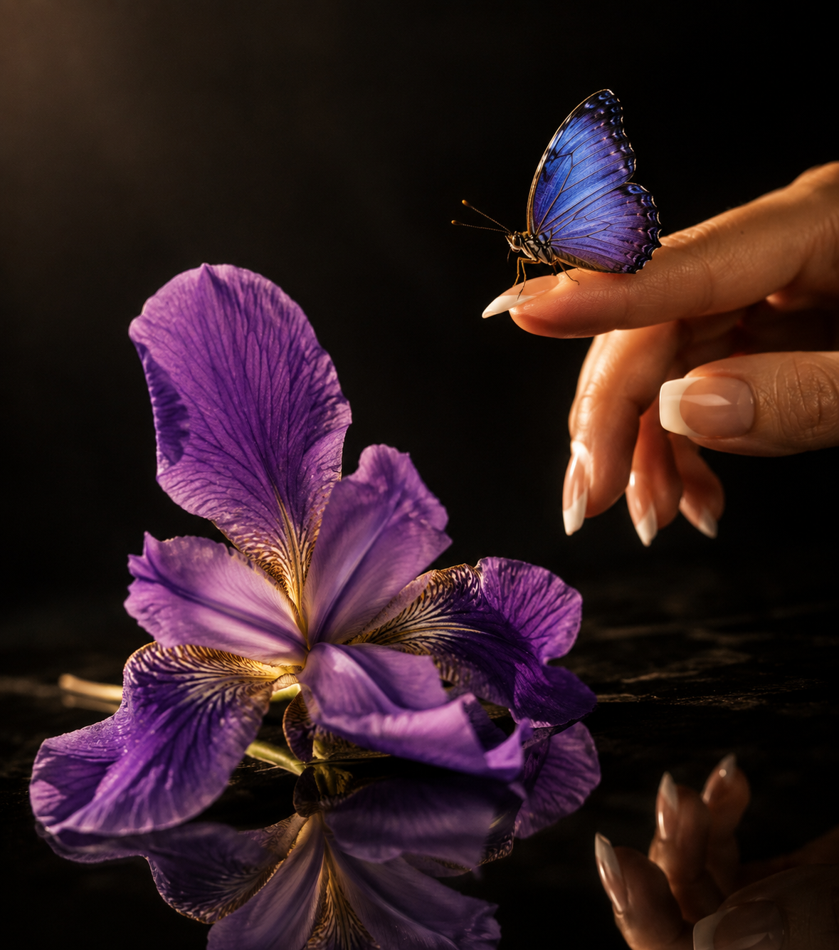 A purple iris flower, a butterfly with blue wings perched on a person's finger, and their reflection on a black surface.