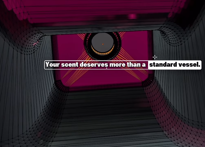 Digital artwork of a futuristic vessel interior with pink, black, and gold geometric designs, and a saying: 'Your scent deserves more than a standard vessel.'